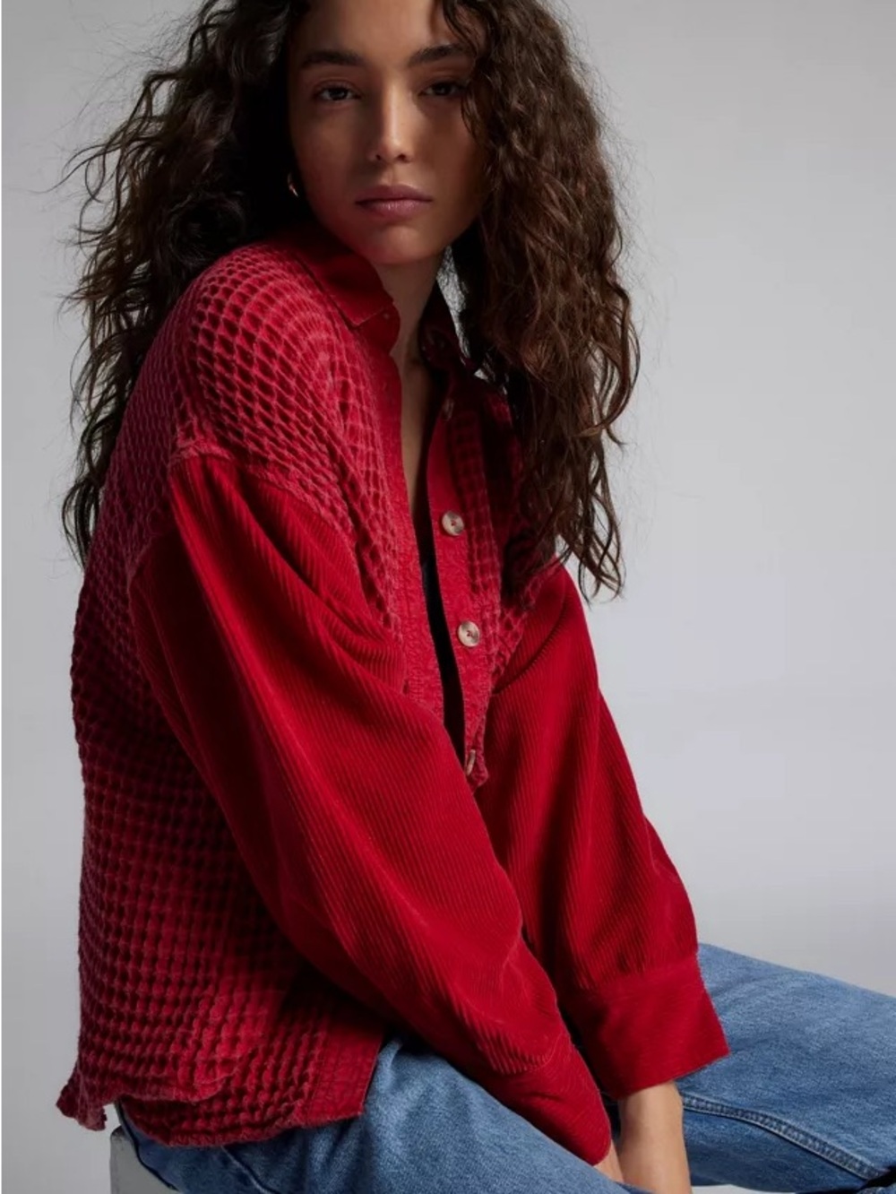 BDG Bryson waffle shirt jacket shacket Red Textured Corduroy Button-Up Shirt M